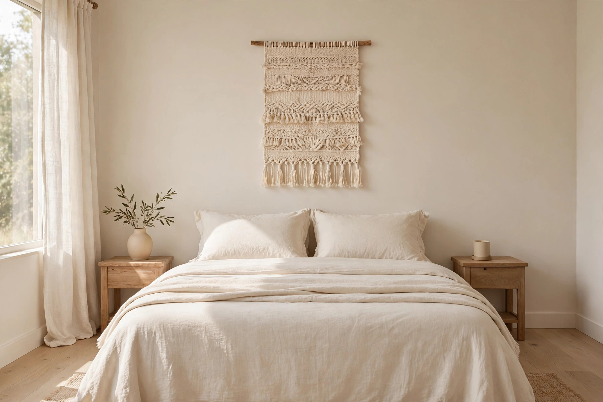 Cream woven cotton wall hanging on a wood dowel above a cream bed with wood nightstands