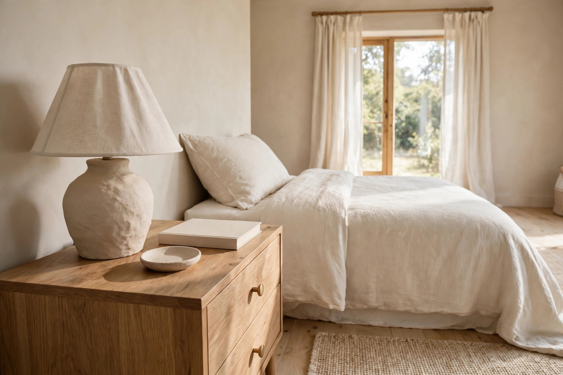 Matte clay lamp base, small ceramic dish and plain book on a wood nightstand beside a cream bed