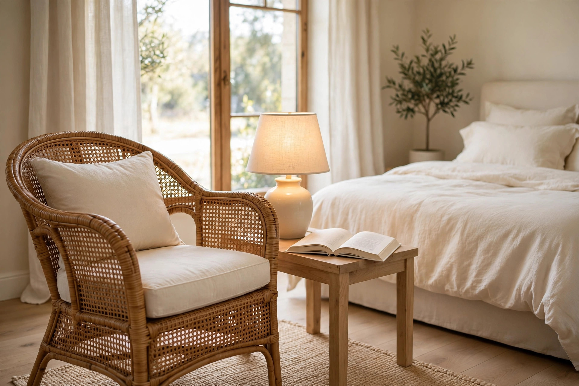 Rattan armchair with cream linen cushion beside a wood side table with a lit lamp and open book