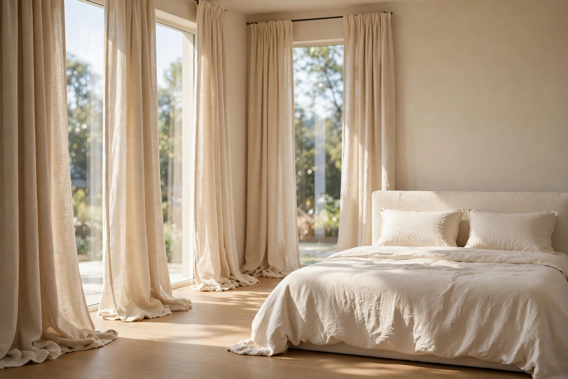 Tall warm cream linen curtains brushing the floor on large windows beside a cream bed