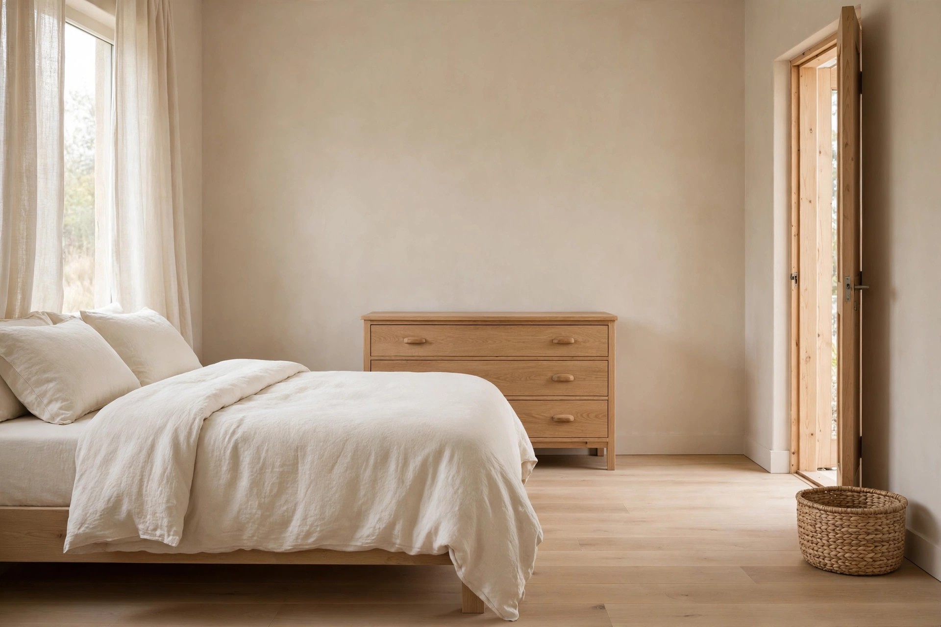 Emptied beige bedroom with a made cream bed, bare wood dresser, open floor space and a woven basket by the open door