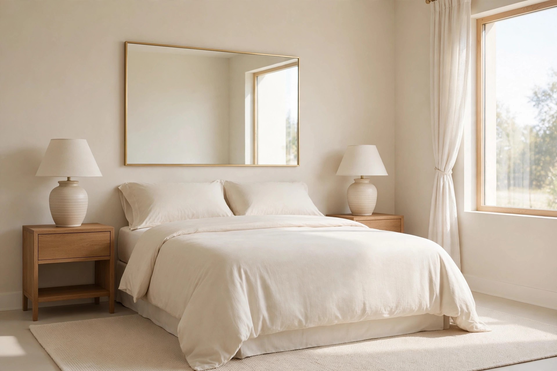 Spotless beige bedroom with a crisp cream bed, a large clean mirror above it, ceramic lamps on wood nightstands and a bright window