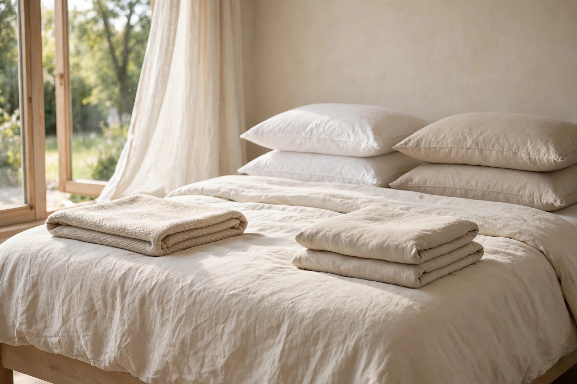 Bed with freshly washed cream and white linen layers, stacked pillows and folded blankets by an open window