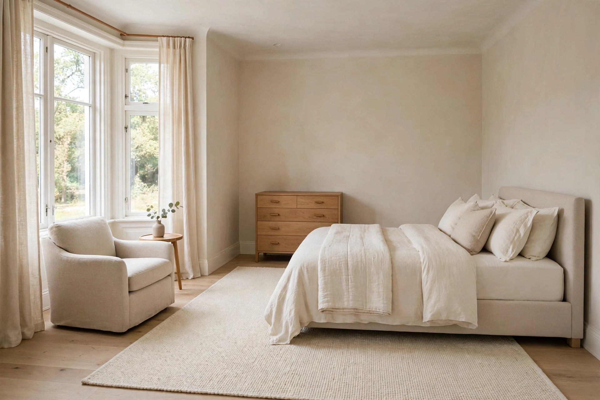Beige bedroom with a reading chair by the bay window, a wood dresser on the far wall and a clear path across a cream rug