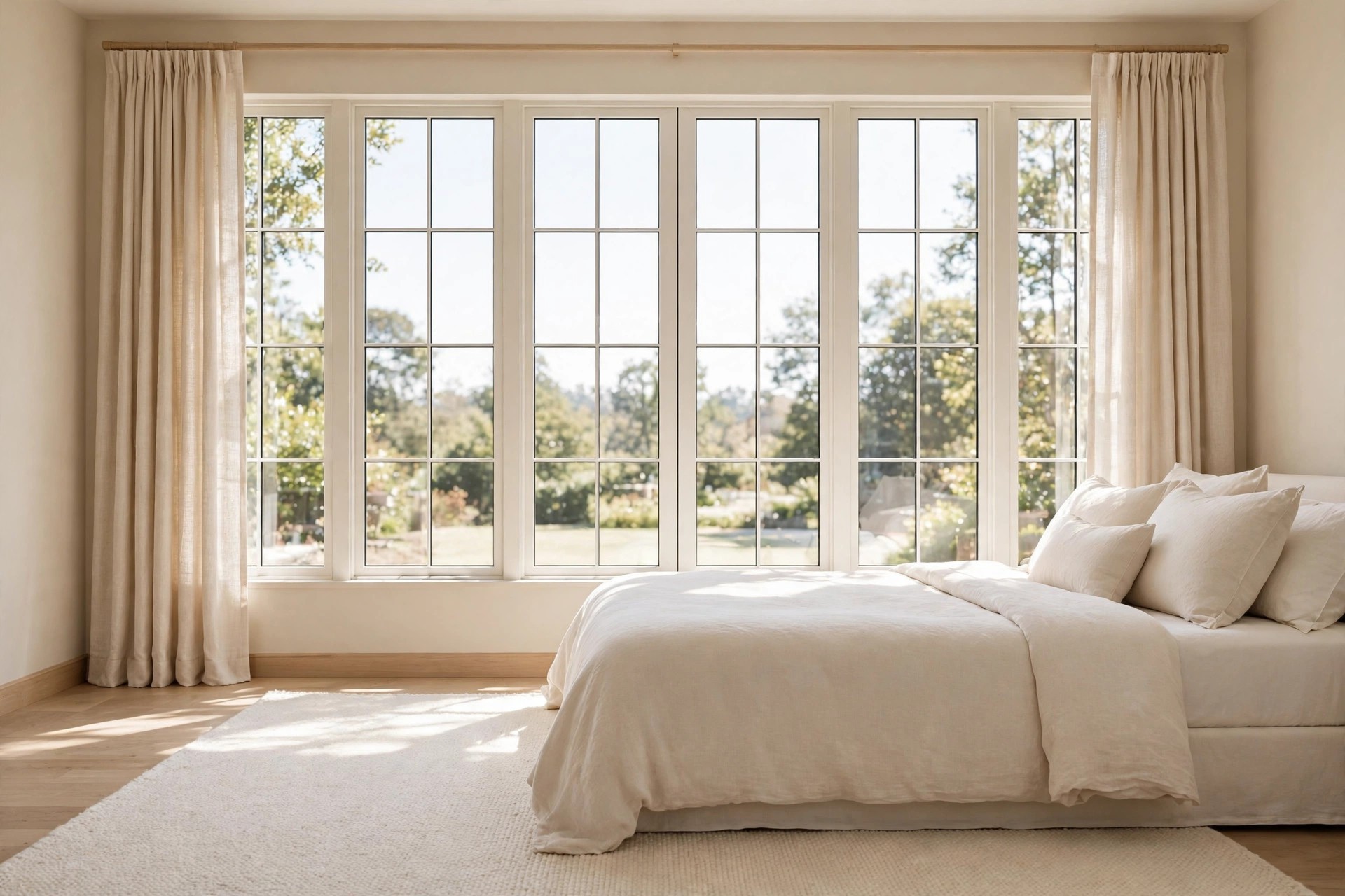 Bedroom with a full wall of clean glass windows and light linen curtains, sunlight reaching a made cream bed