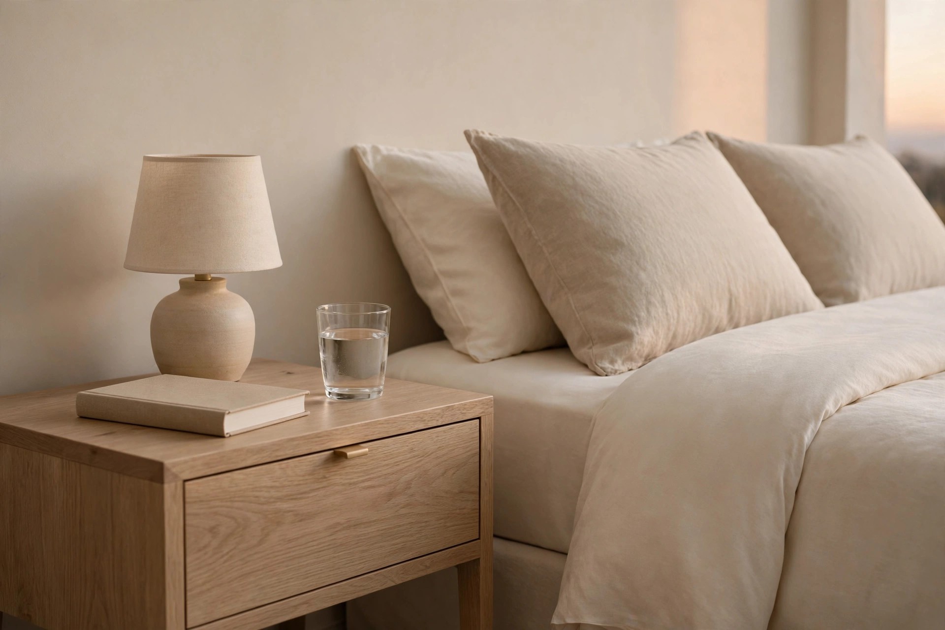 Wood nightstand holding only a ceramic lamp, a closed book and a glass of water beside a cream bed