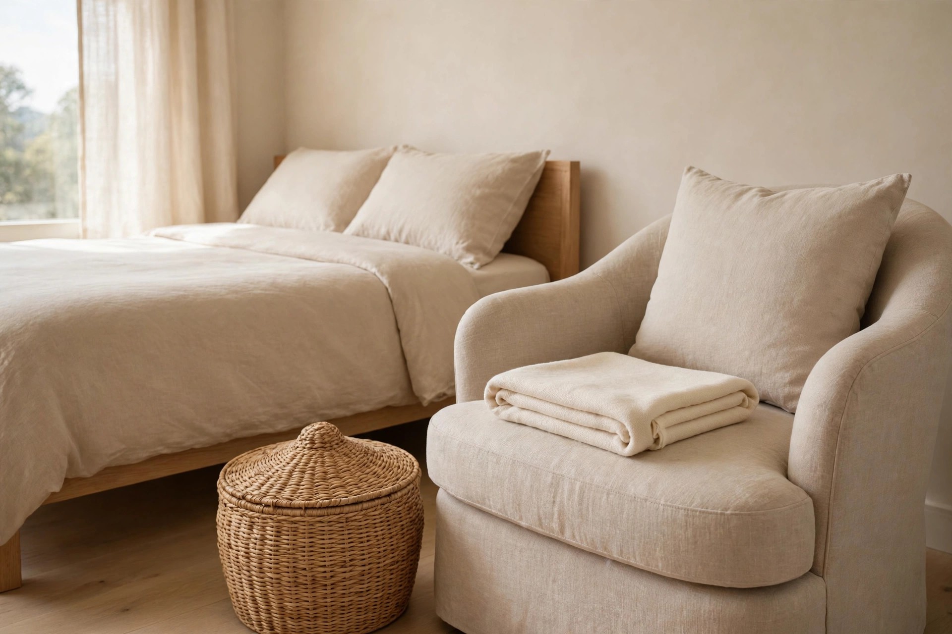 Cleared beige armchair with a cushion and a folded throw, a lidded woven laundry basket beside it and a made bed behind