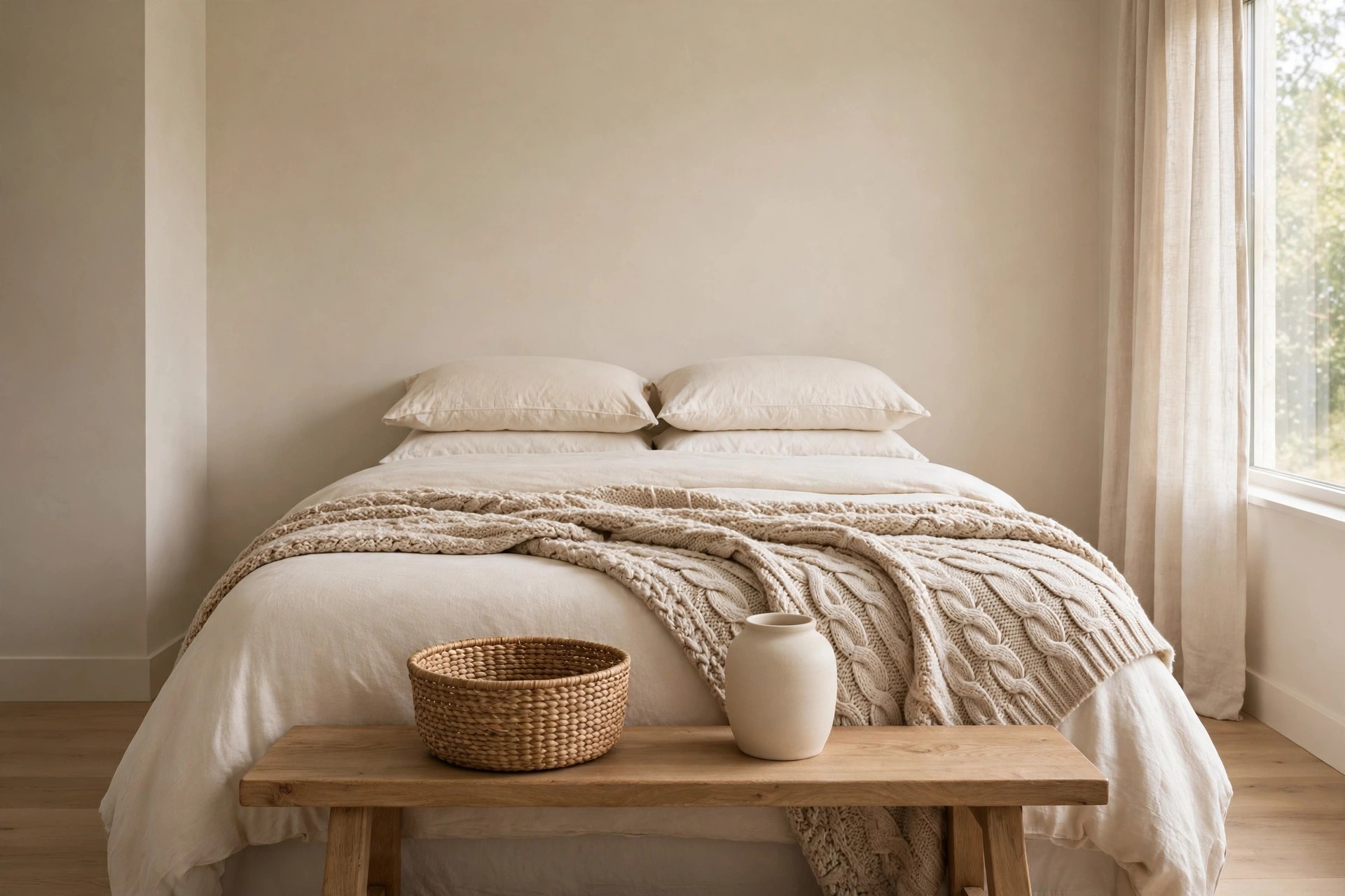 Cream bed with a cable knit throw and a wood bench at the foot holding a woven basket and a plain ceramic vase
