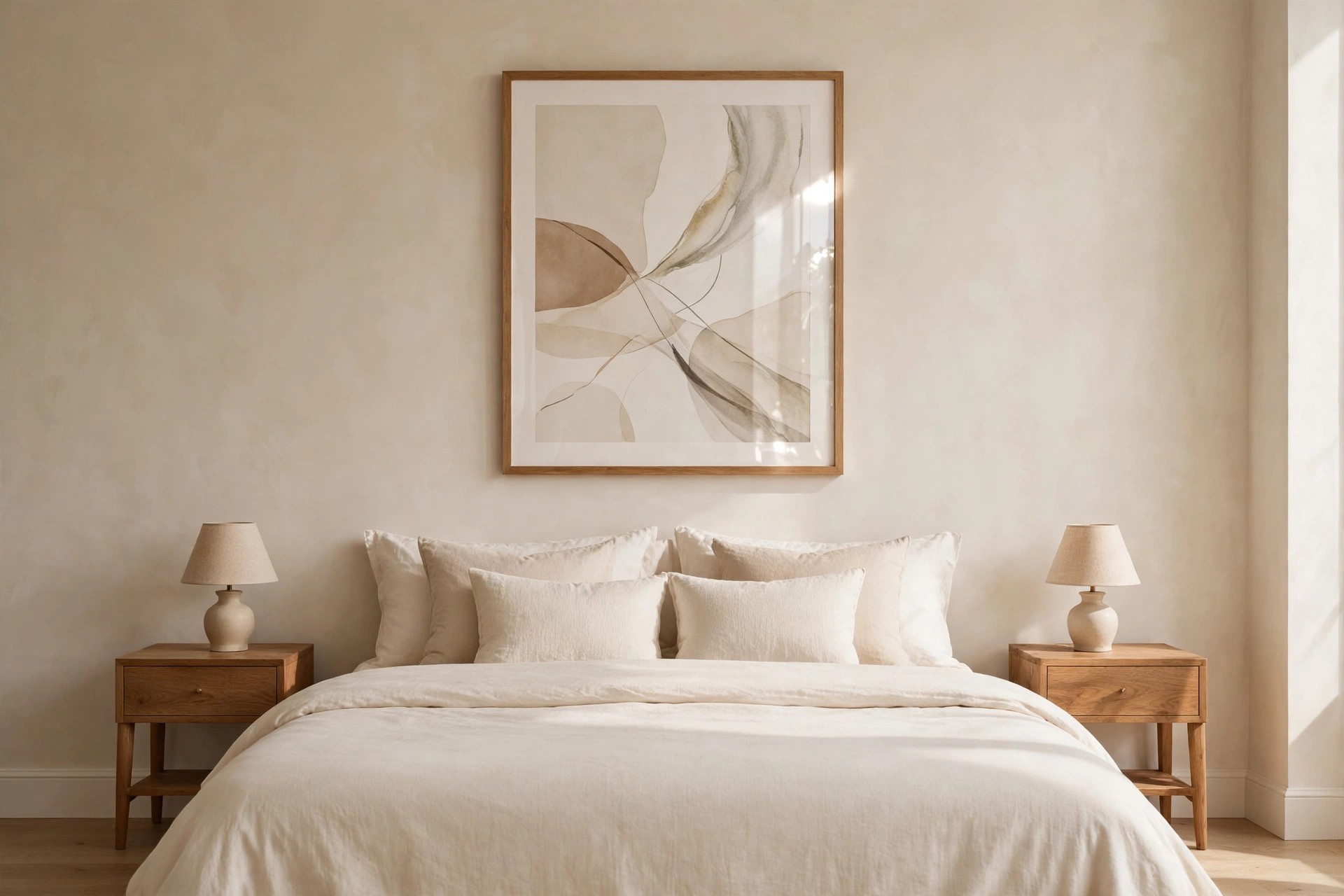 One large framed abstract print in beige tones hanging level above a cream bed with wood nightstands and ceramic lamps