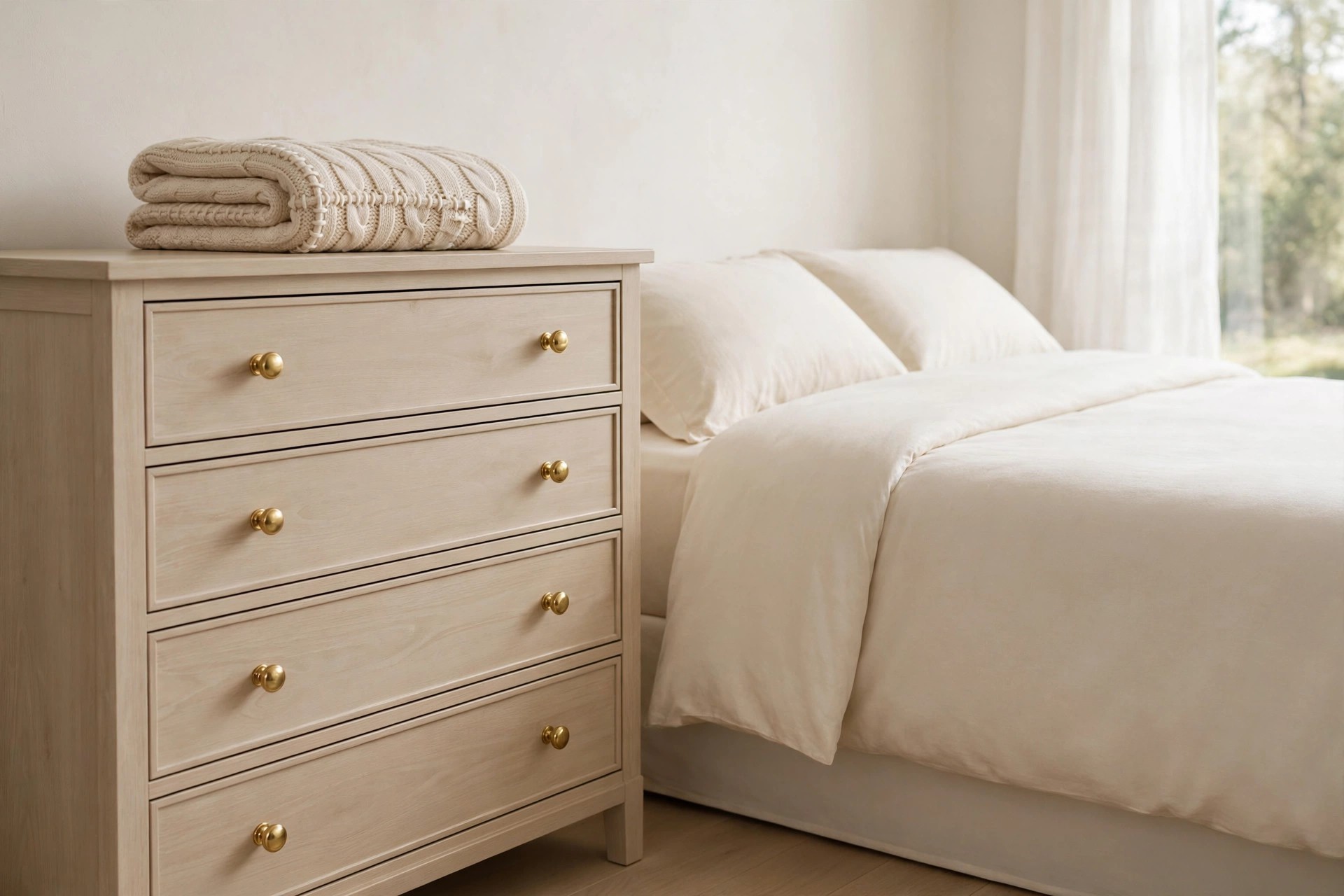 Light wood dresser with polished brass knobs and a folded knit throw on top beside a smooth cream bed