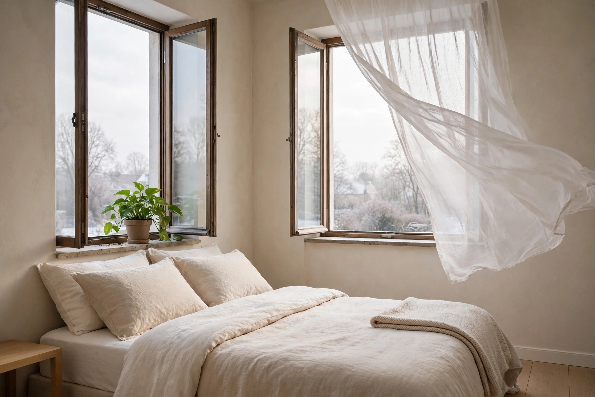 Beige bedroom with both windows open, a sheer curtain lifting in the breeze and a green plant on the sill above the bed
