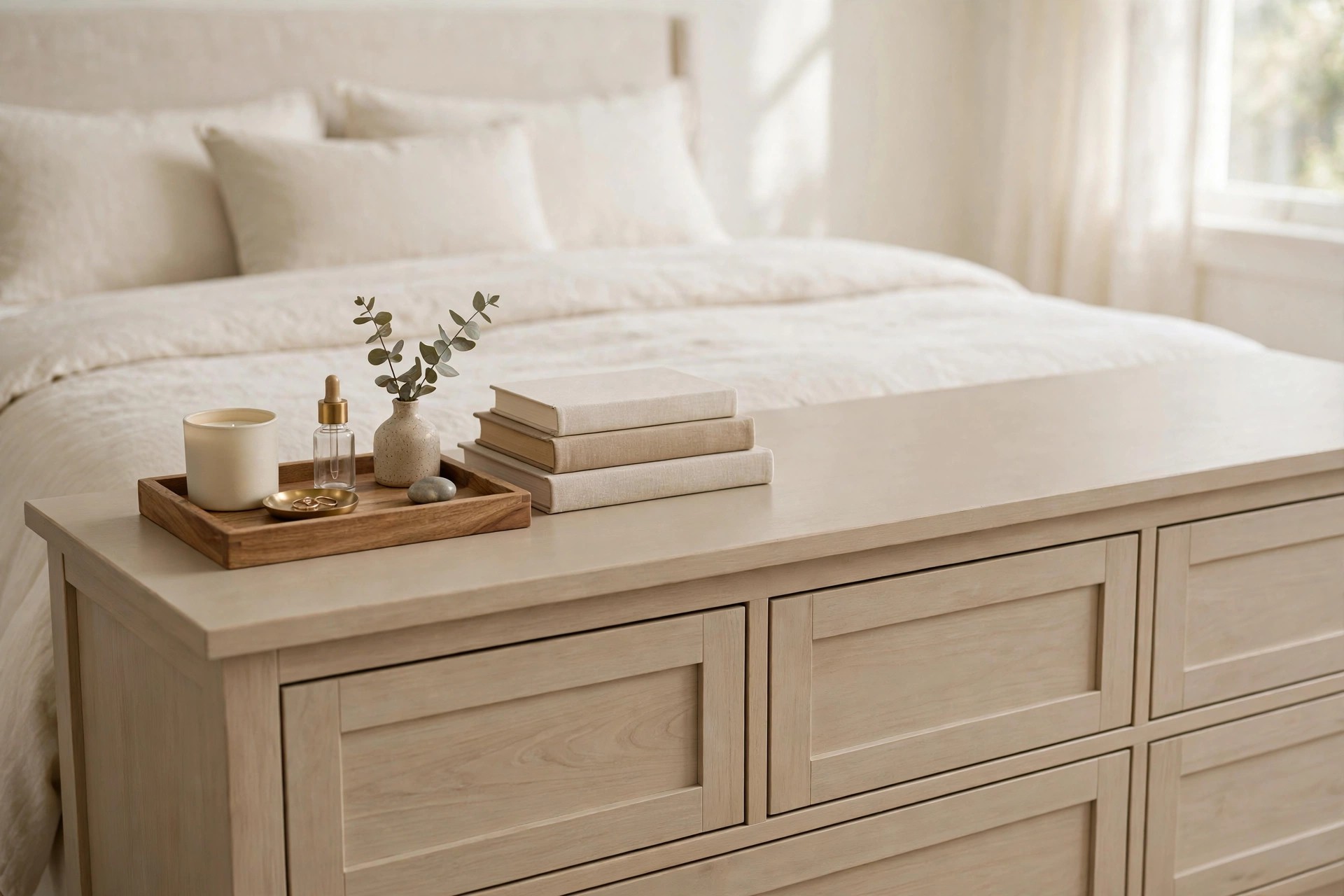 Restyled dresser top with daily items on a wood tray, a stack of books beside it and a clear empty surface