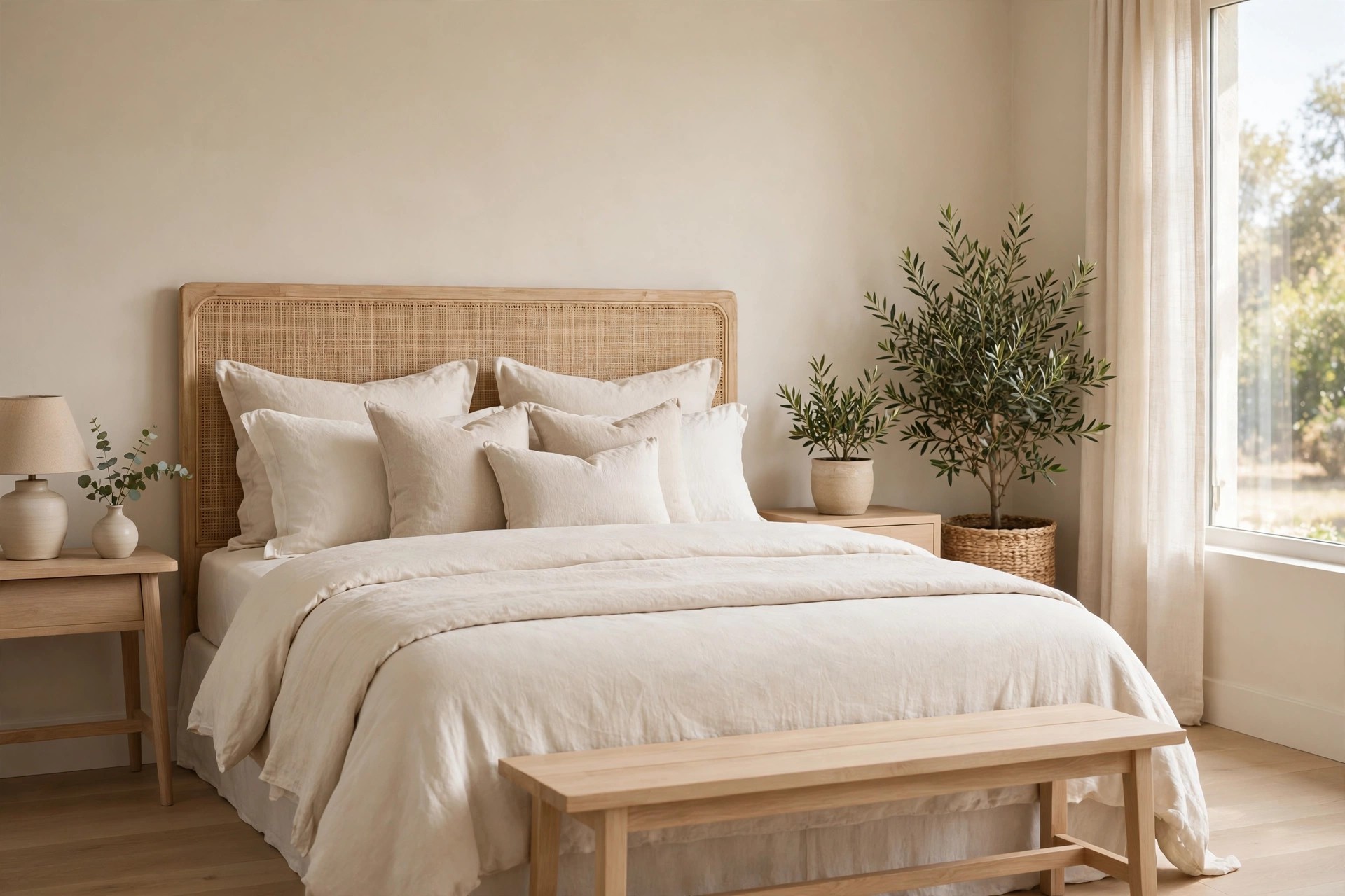 Beige bedroom with a cane headboard, cream bedding and a completely empty wood bench at the foot of the bed