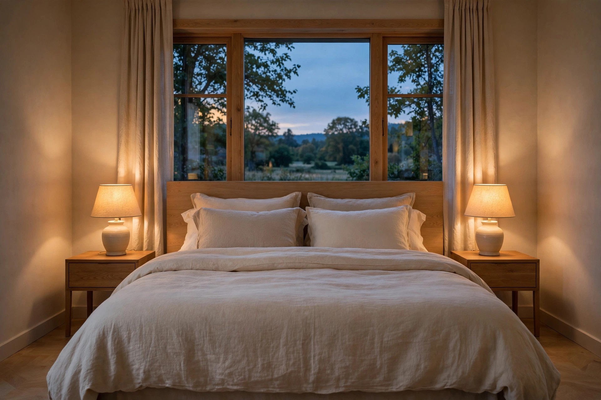Beige bedroom at dusk lit by two matching warm bedside lamps, cream bedding and an evening sky at the window