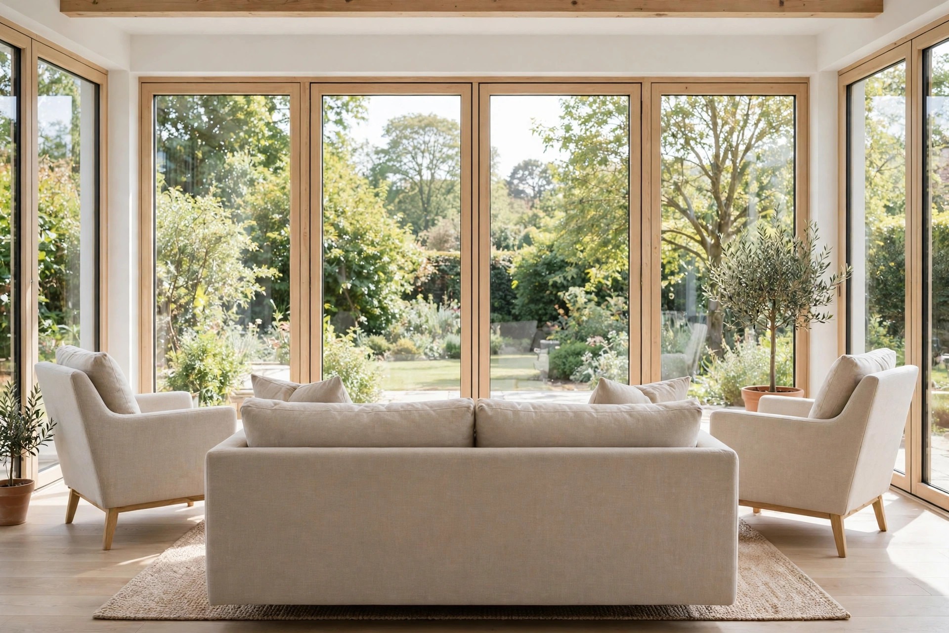 Back of a low beige sofa with two beige armchairs angled toward floor to ceiling wood framed windows overlooking a green garden