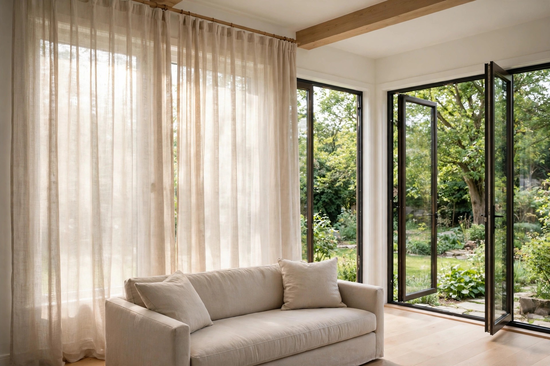 Beige sofa under floor length sheer beige linen curtains filtering sunlight, with open glass doors to a garden on the right