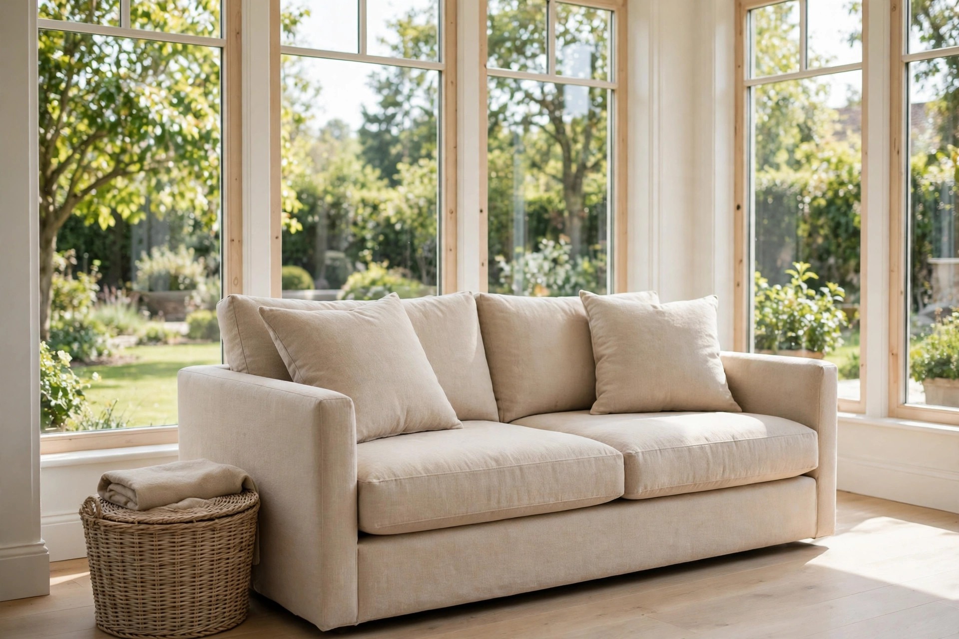 Beige sofa with matching beige cushions in front of tall sunroom windows, with a lidded wicker basket holding a folded beige throw beside it