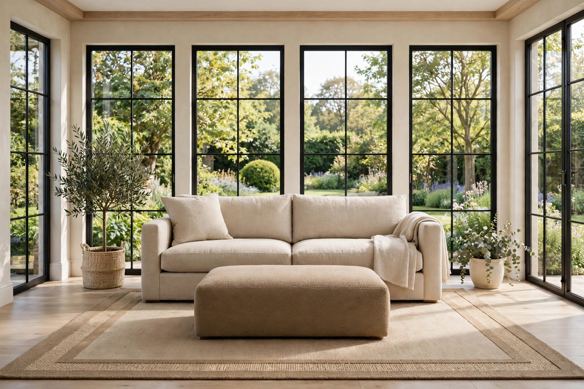Beige sofa with a deeper beige ottoman on a bordered beige rug in front of black framed sunroom windows with garden views