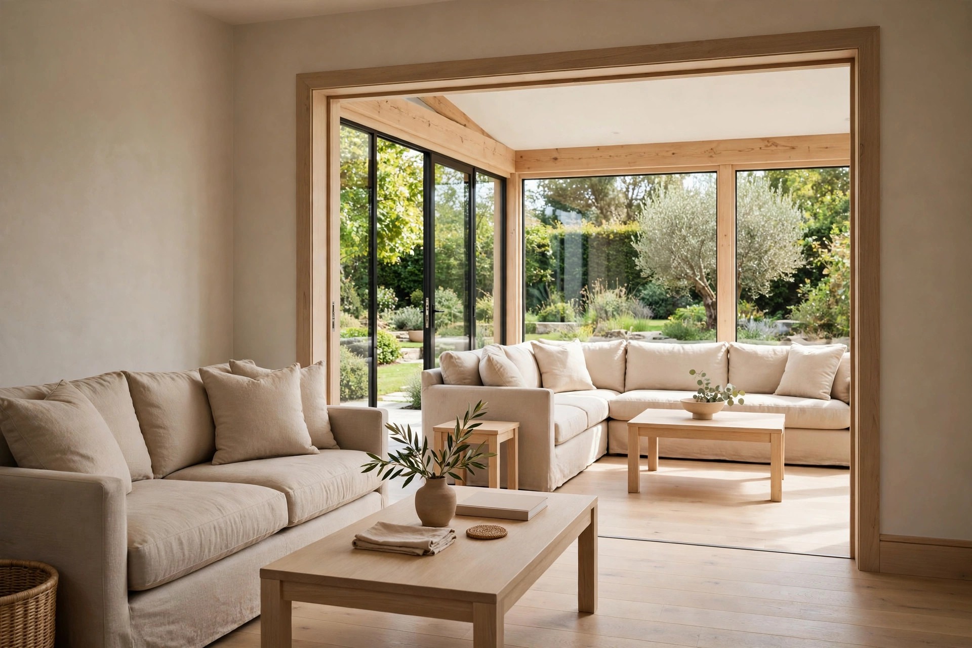 View from a beige living room sofa through a wide wood framed opening into a sunroom with a beige sectional sofa and light wood tables