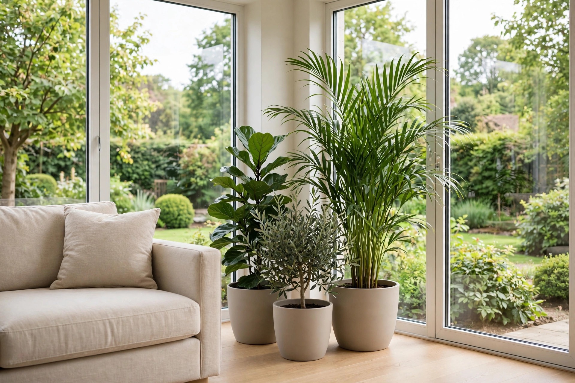 Group of three plants in matte beige pots, a tall palm, a fiddle leaf plant and a small olive, beside a beige sofa at sunroom windows