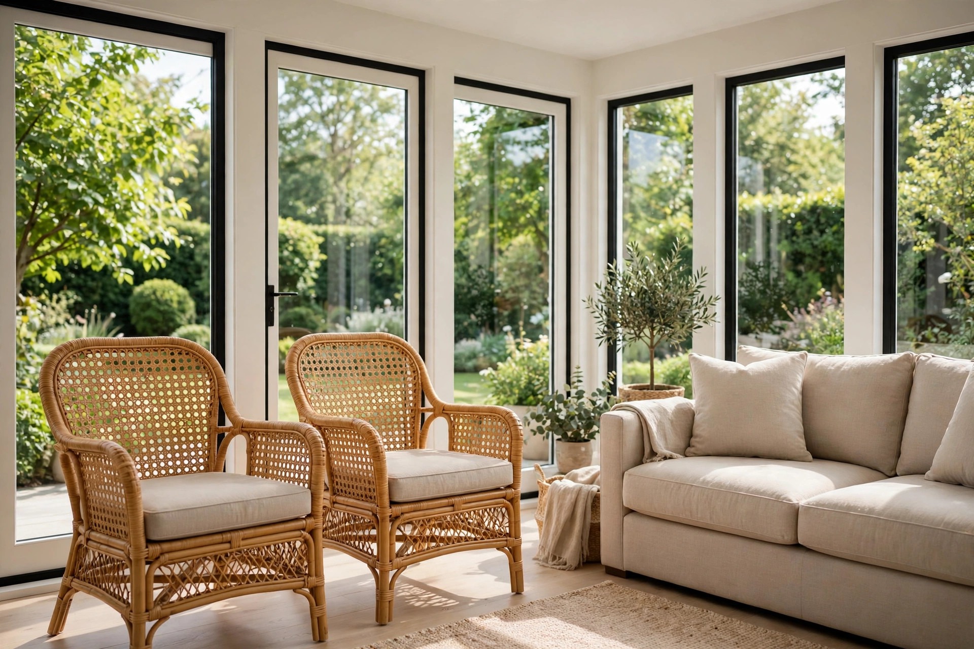 Two honey rattan cane chairs with beige seat cushions beside a beige sofa in front of tall sunroom windows with garden views