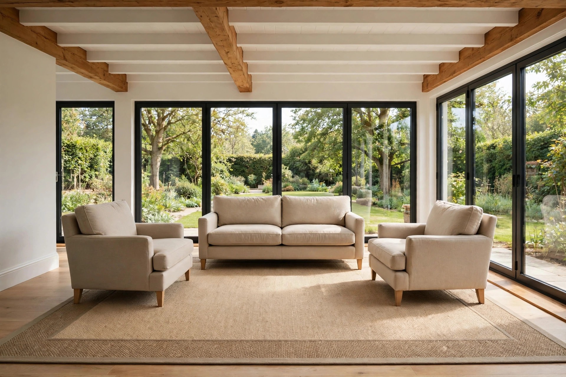 Beige sofa and two beige armchairs standing on a large flat weave beige rug with a darker border in a sunroom with garden windows