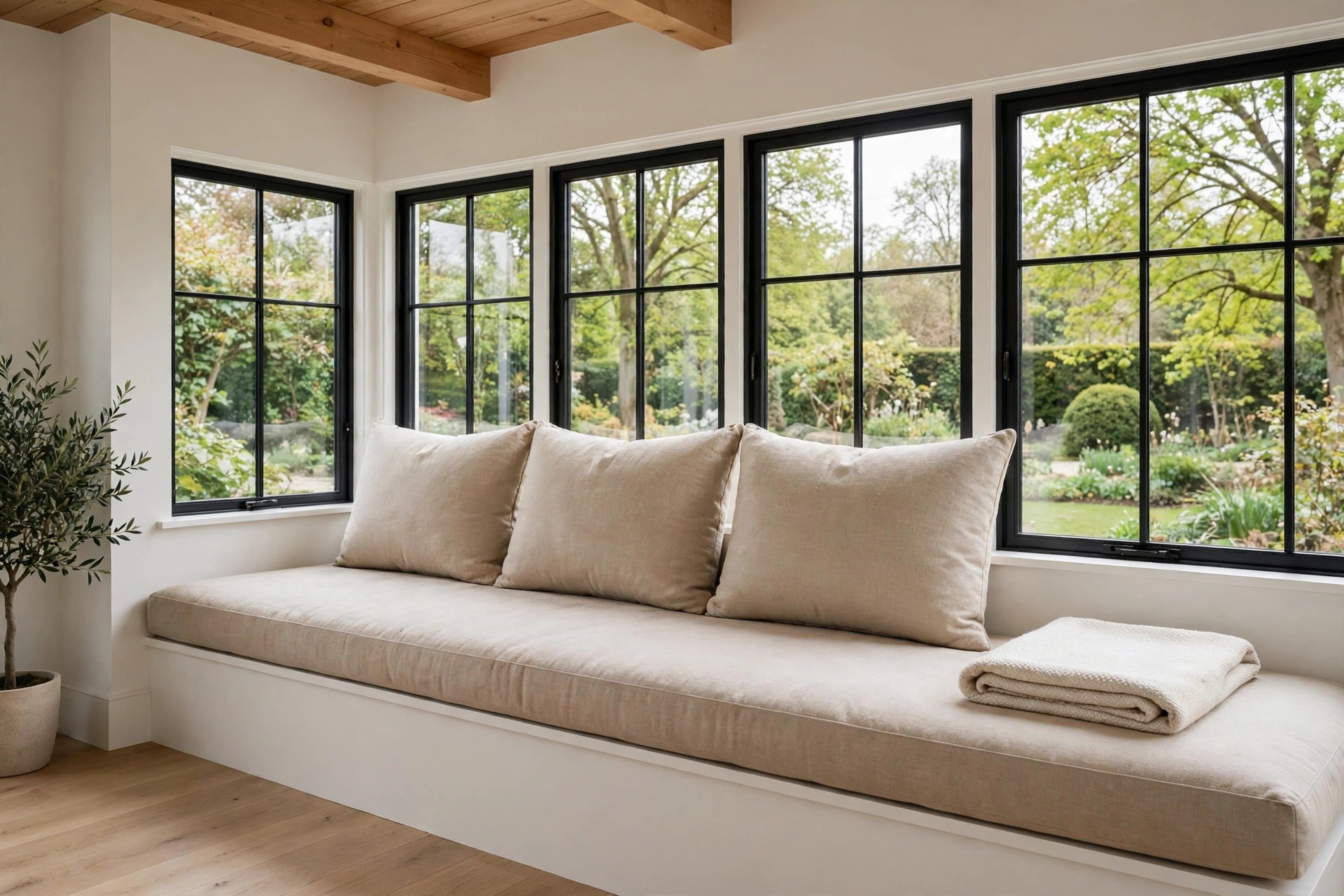 Long window bench with a thick beige cushion and three large beige cushions under black framed windows overlooking a garden