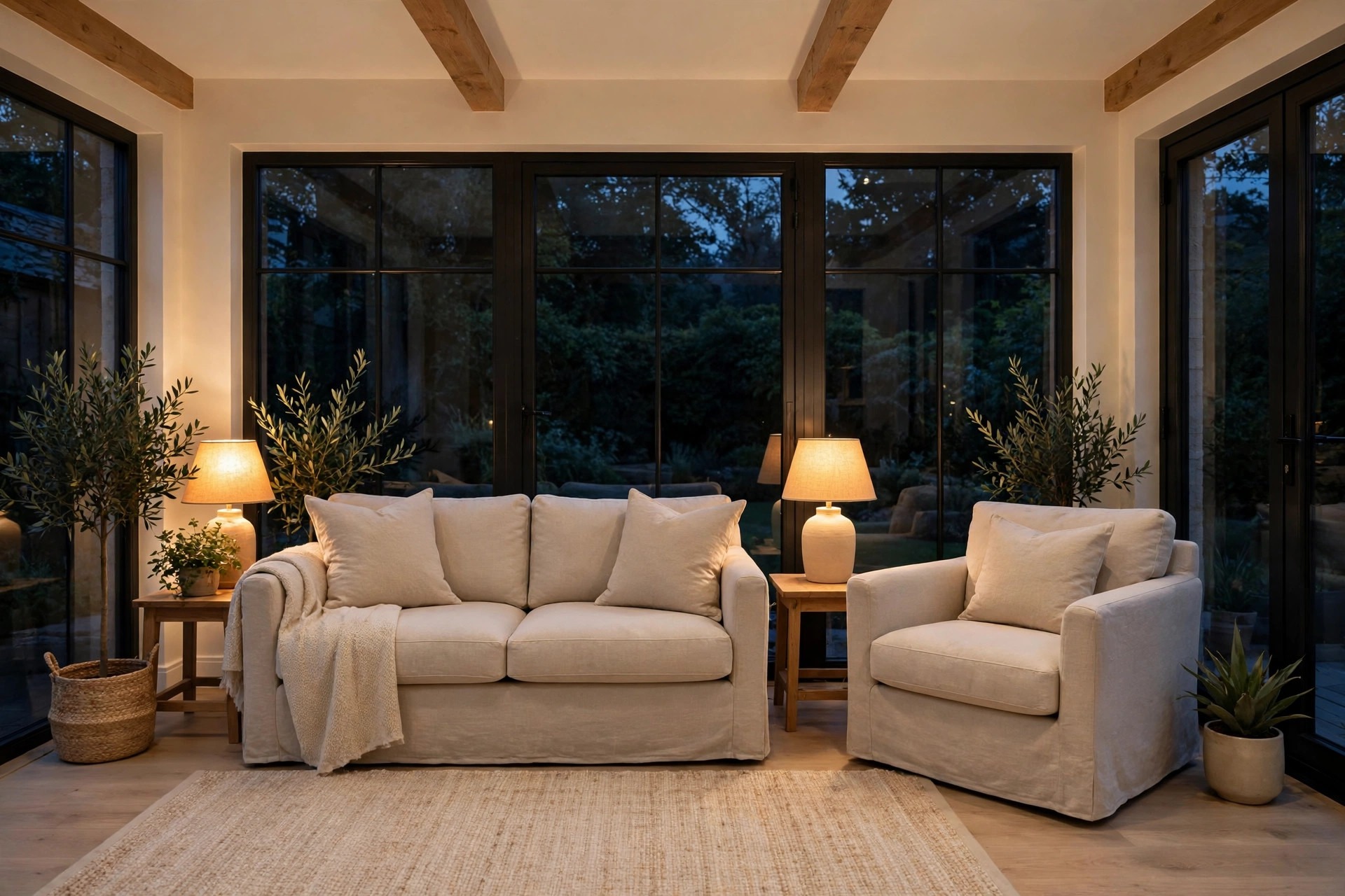 Beige sofa and armchair at dusk with two lit lamps with beige shades on wood side tables in front of dark sunroom windows