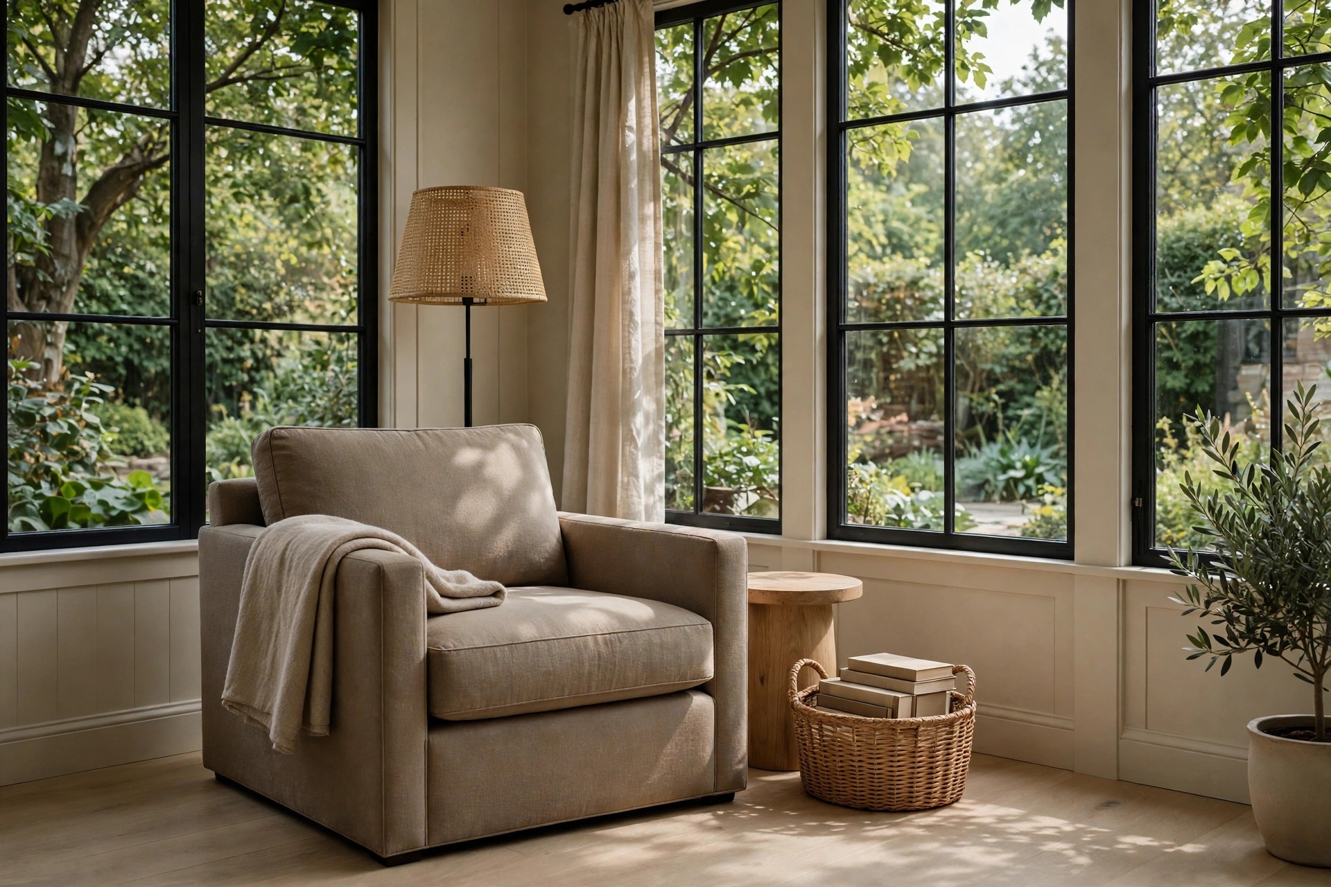 Deep beige reading armchair with a throw over one arm, a floor lamp, a round wood side table and a basket of books in a sunroom corner