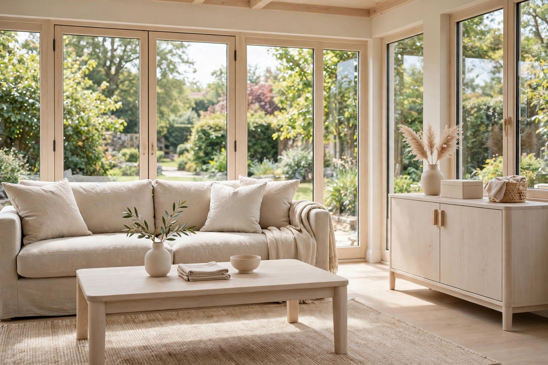 Beige linen sofa with a pale wood coffee table and a pale wood sideboard in a bright sunroom with large garden windows