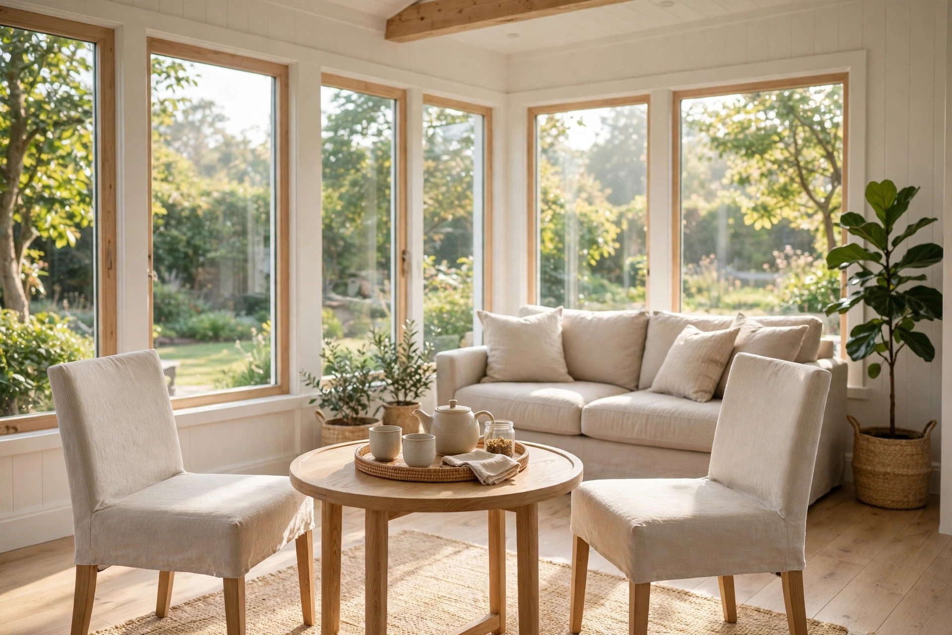 Small round wood tea table with a tray, teapot and cups between two beige chairs in morning sun, with a beige sofa behind it