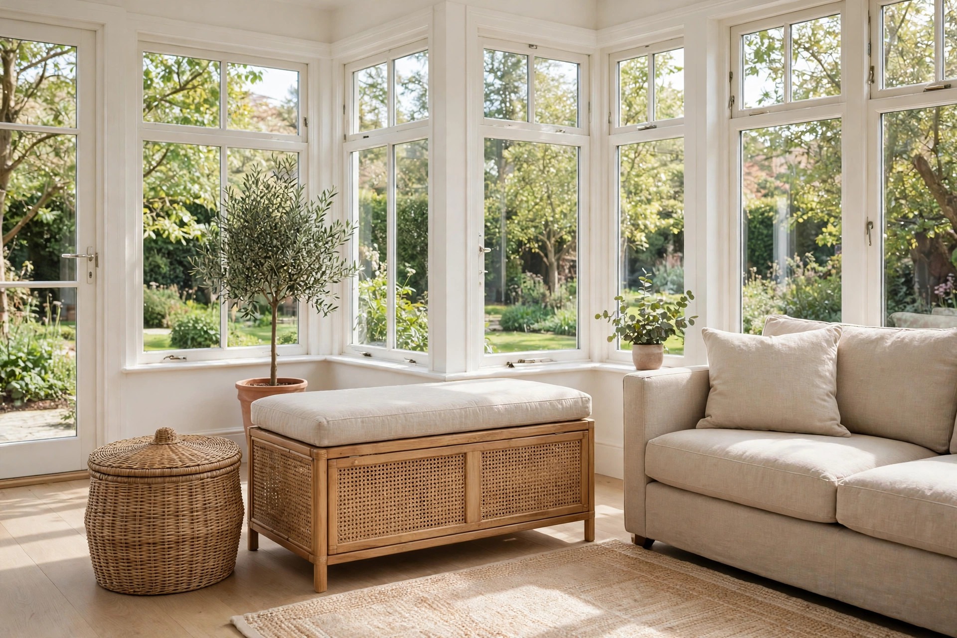 Cane storage bench with a beige cushion and a lidded woven basket beside a beige sofa in a white framed sunroom