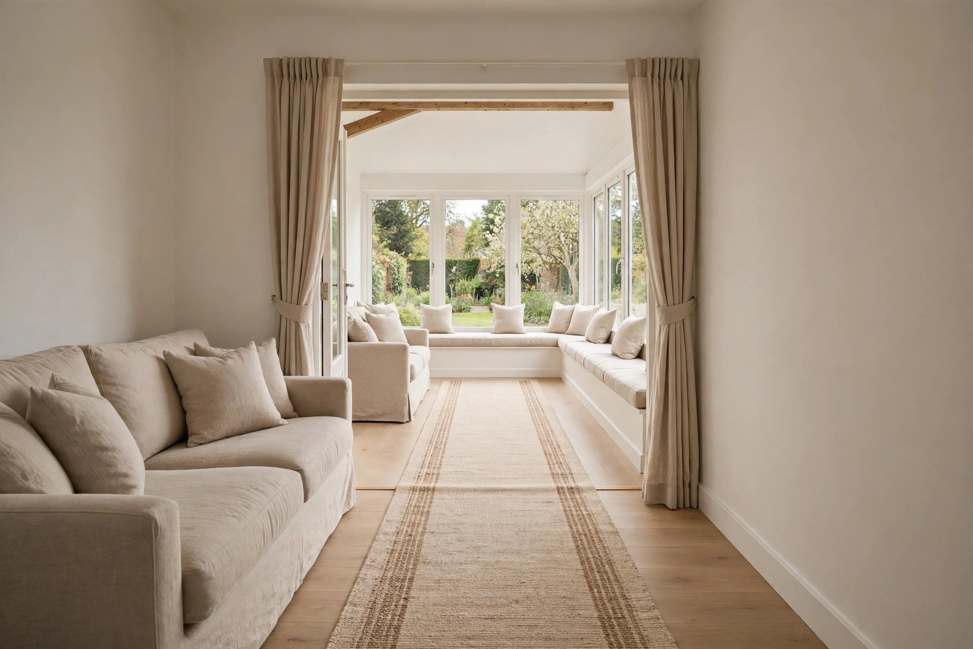 Beige sofa in a main room looking along a beige runner through tied back beige curtains to a sunroom window bench and garden windows