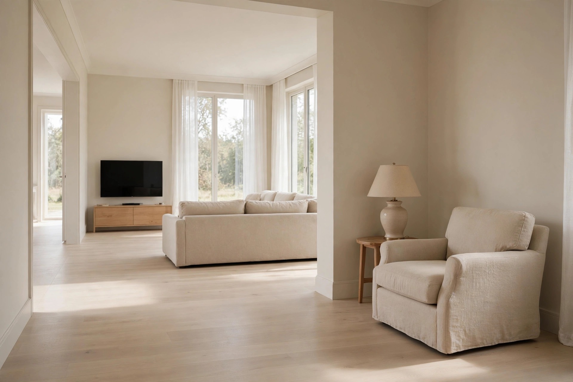 Beige armchair with a table lamp on a small wooden table in a quiet foreground corner, with a beige sofa and a TV on a wooden stand far across the room