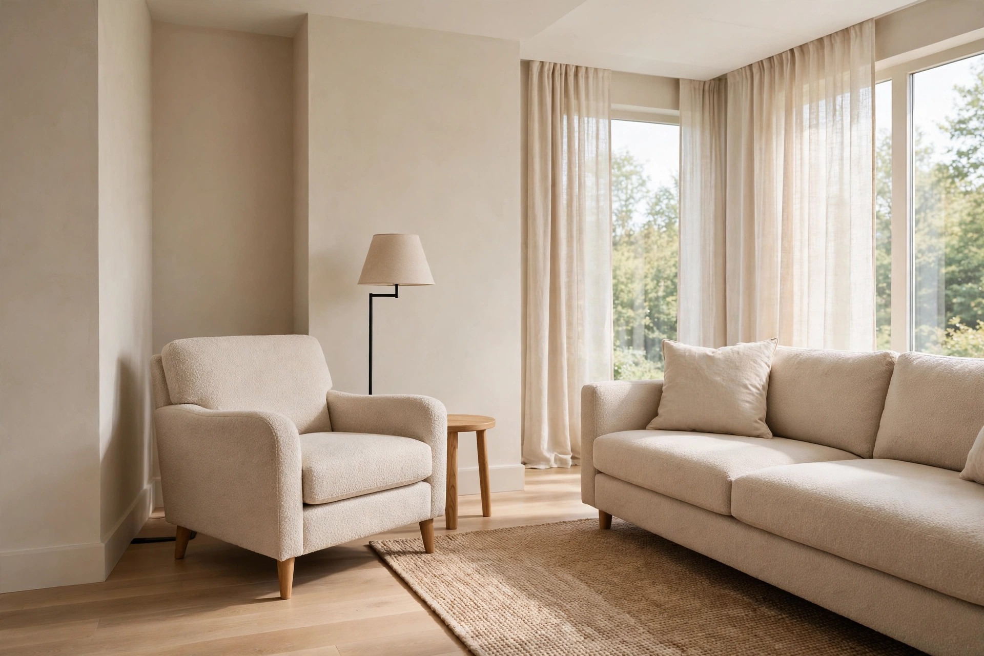 Cream boucle armchair angled toward a beige sofa, with a floor lamp and a small round wooden side table between them by sheer curtained windows