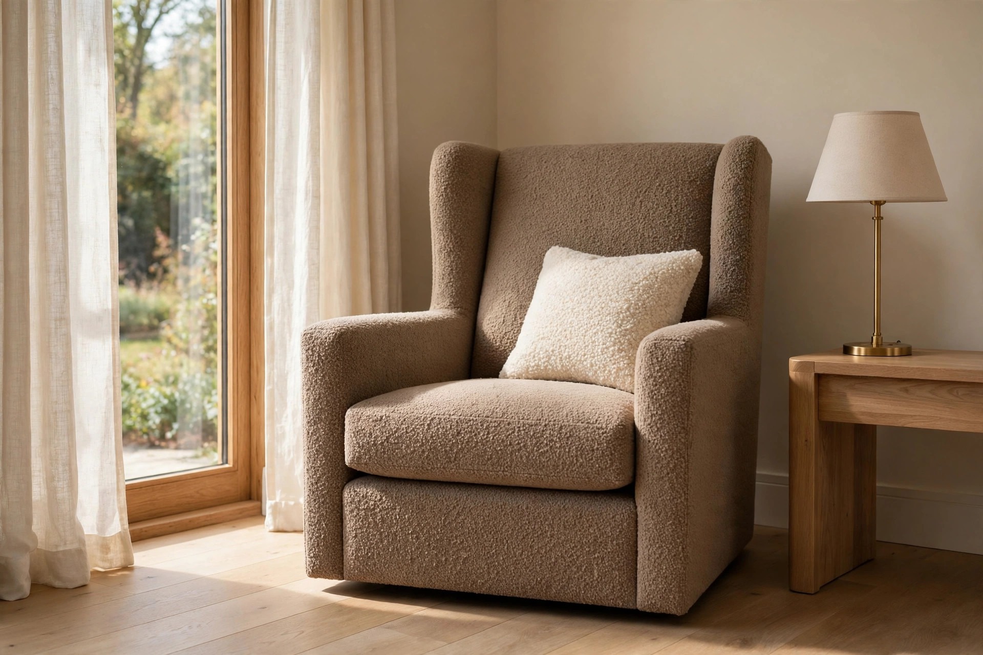 Deep taupe boucle wing armchair with a cream boucle cushion beside a wooden side table with a brass lamp, next to a window with sheer curtains