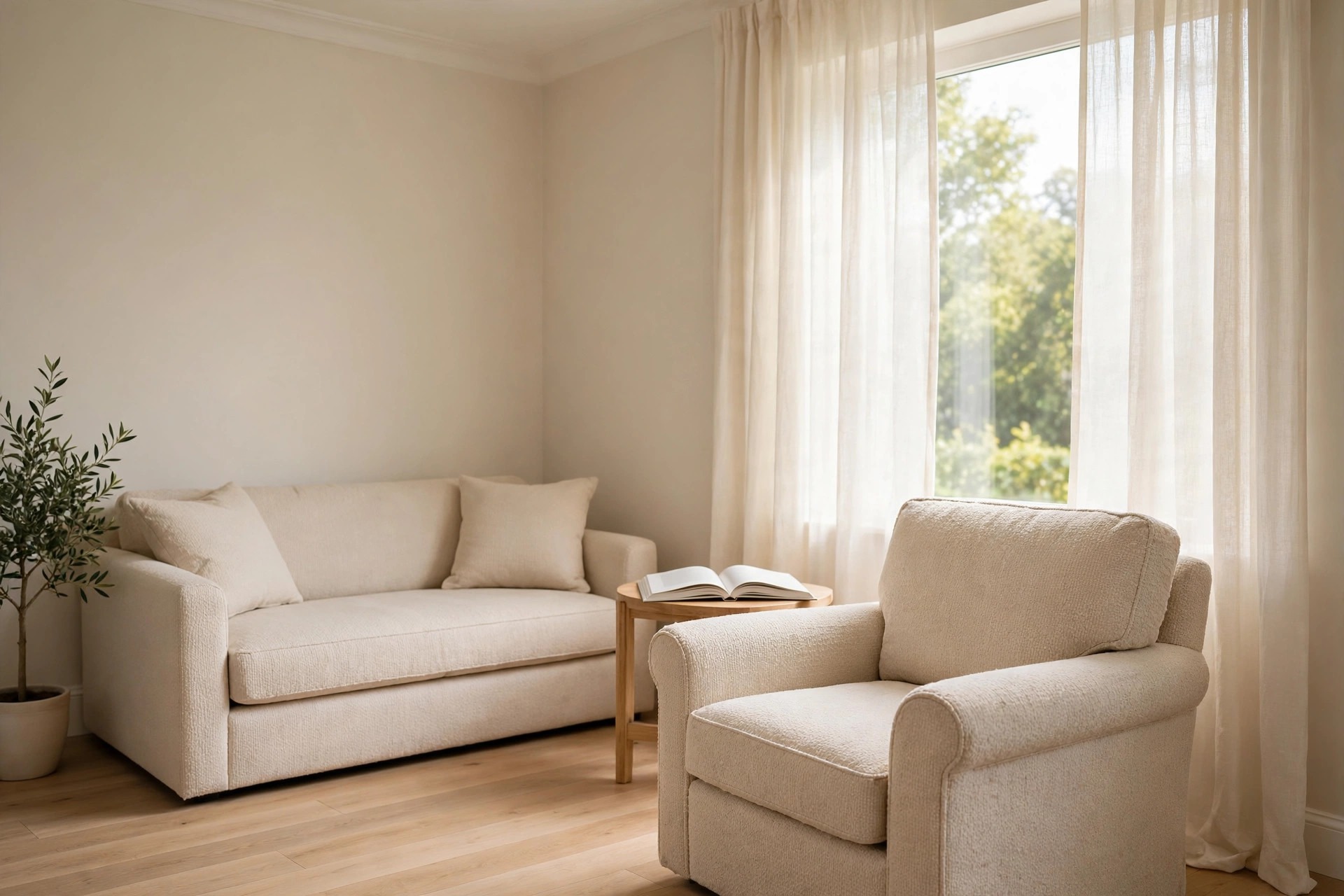Beige armchair by a large window with sheer curtains, an open book on a round wooden side table, and a beige sofa behind the chair