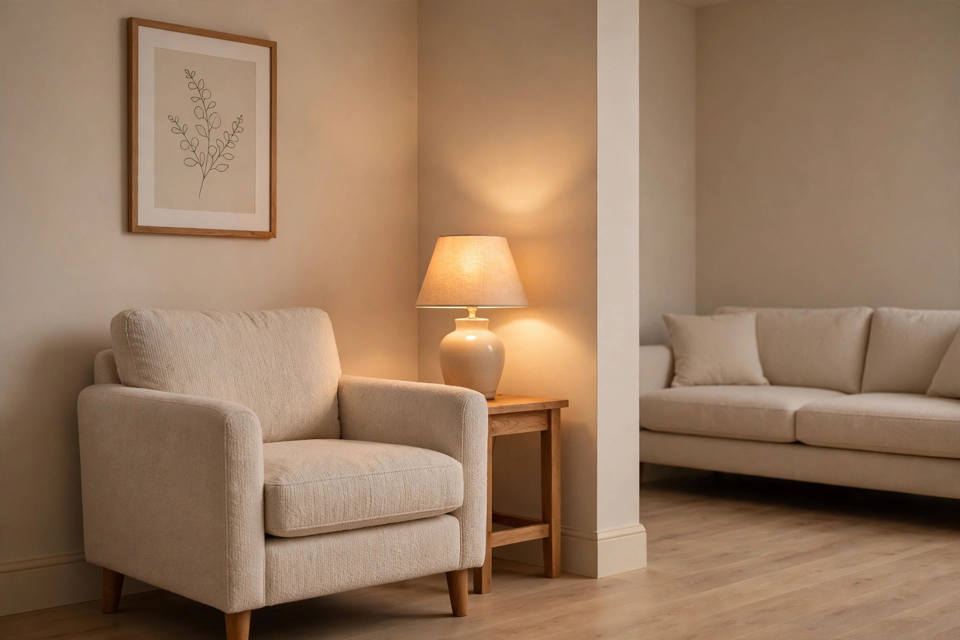 Beige armchair in an interior corner in evening light with a lit table lamp on a wooden side table and a framed leaf print above, with a beige sofa to the side