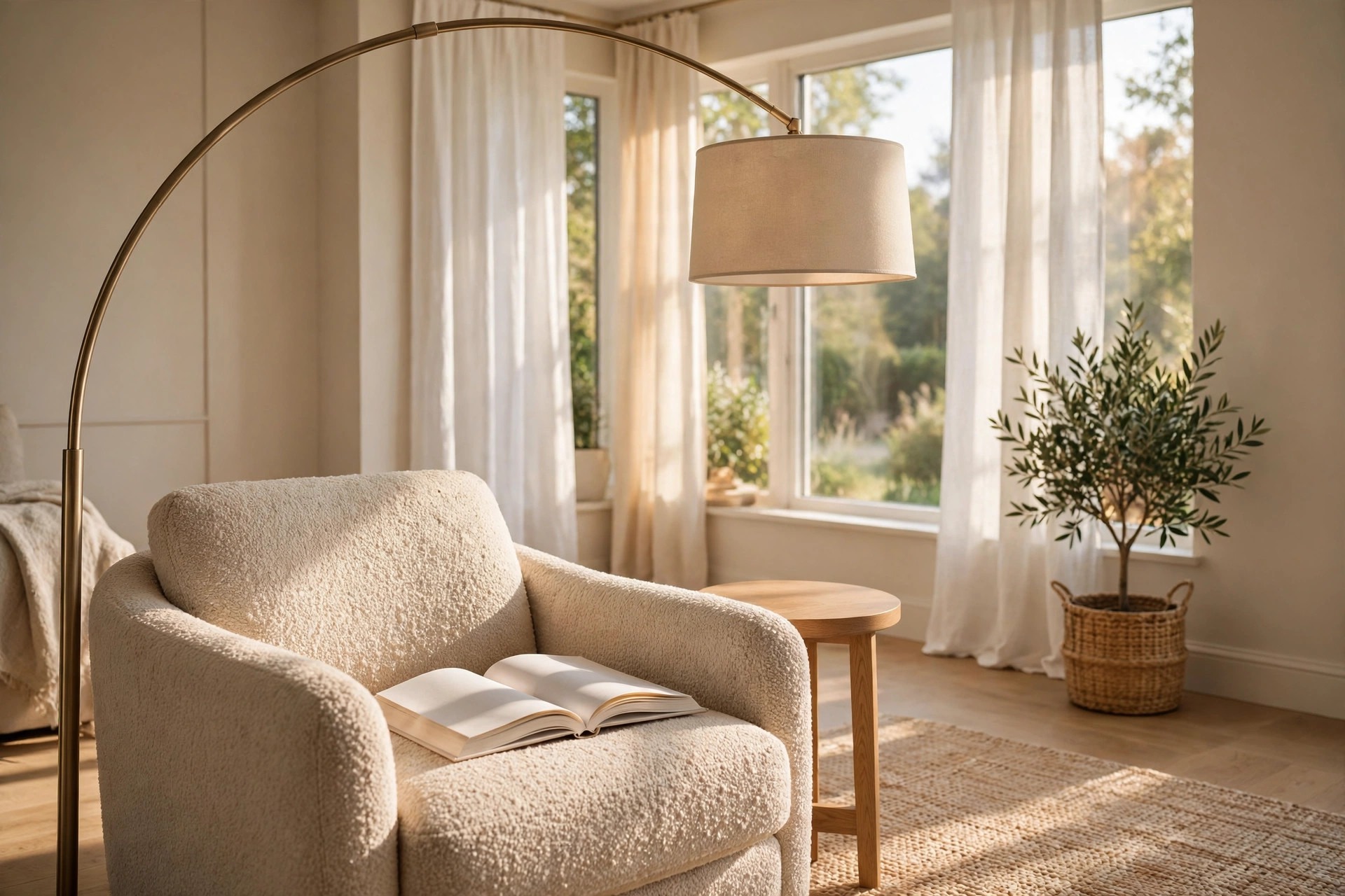 Cream boucle armchair with an open book on the seat under a brass arc floor lamp, a round wooden side table and a plant in a woven basket by the windows