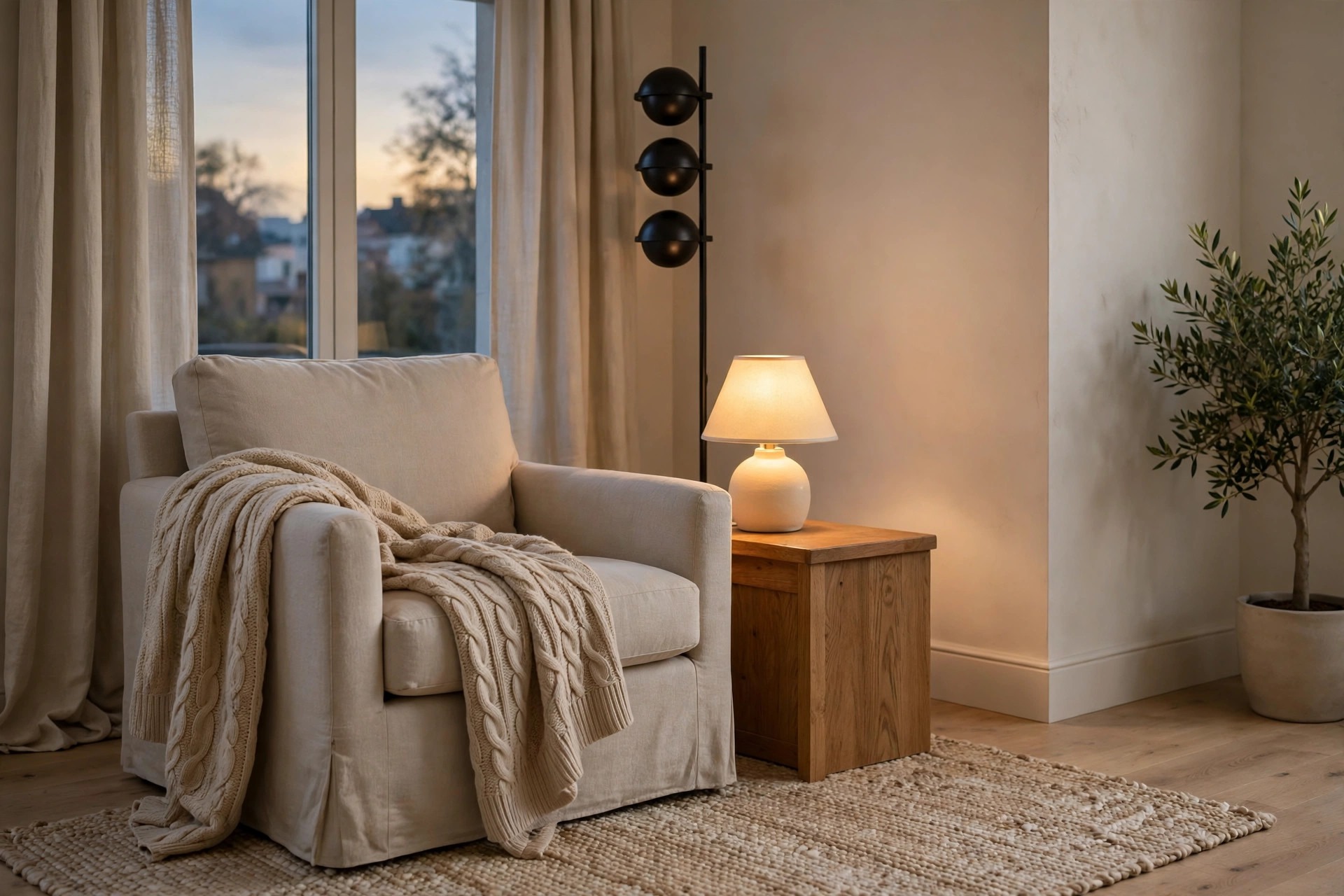 Beige armchair with a cable knit throw beside a wooden side table with a lit cream table lamp at dusk, with a window and a potted plant nearby