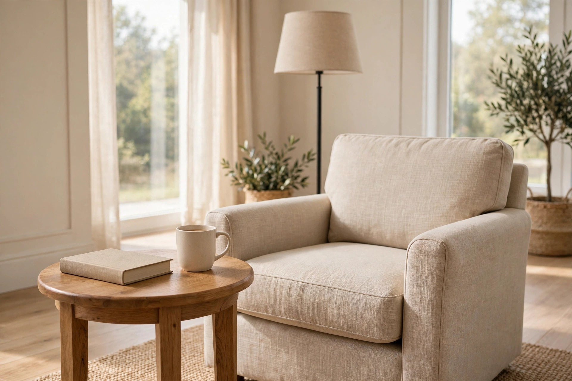 Round wooden side table with a closed book and a mug at arm height beside a beige armchair, with a floor lamp behind the chair