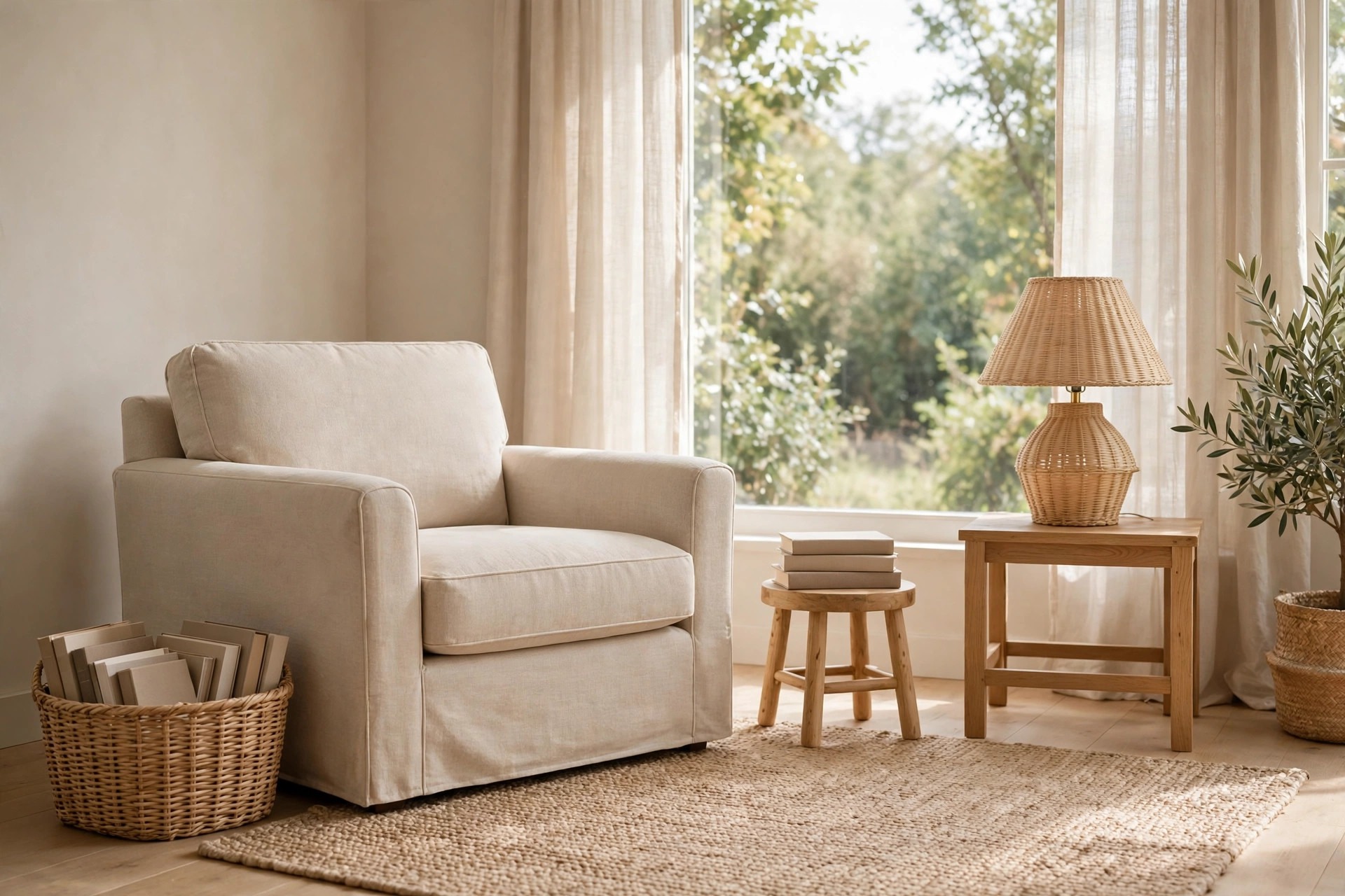 Beige armchair with a woven basket of books on the floor beside it and a short stack of books on a small wooden stool, with a wicker lamp on a side table