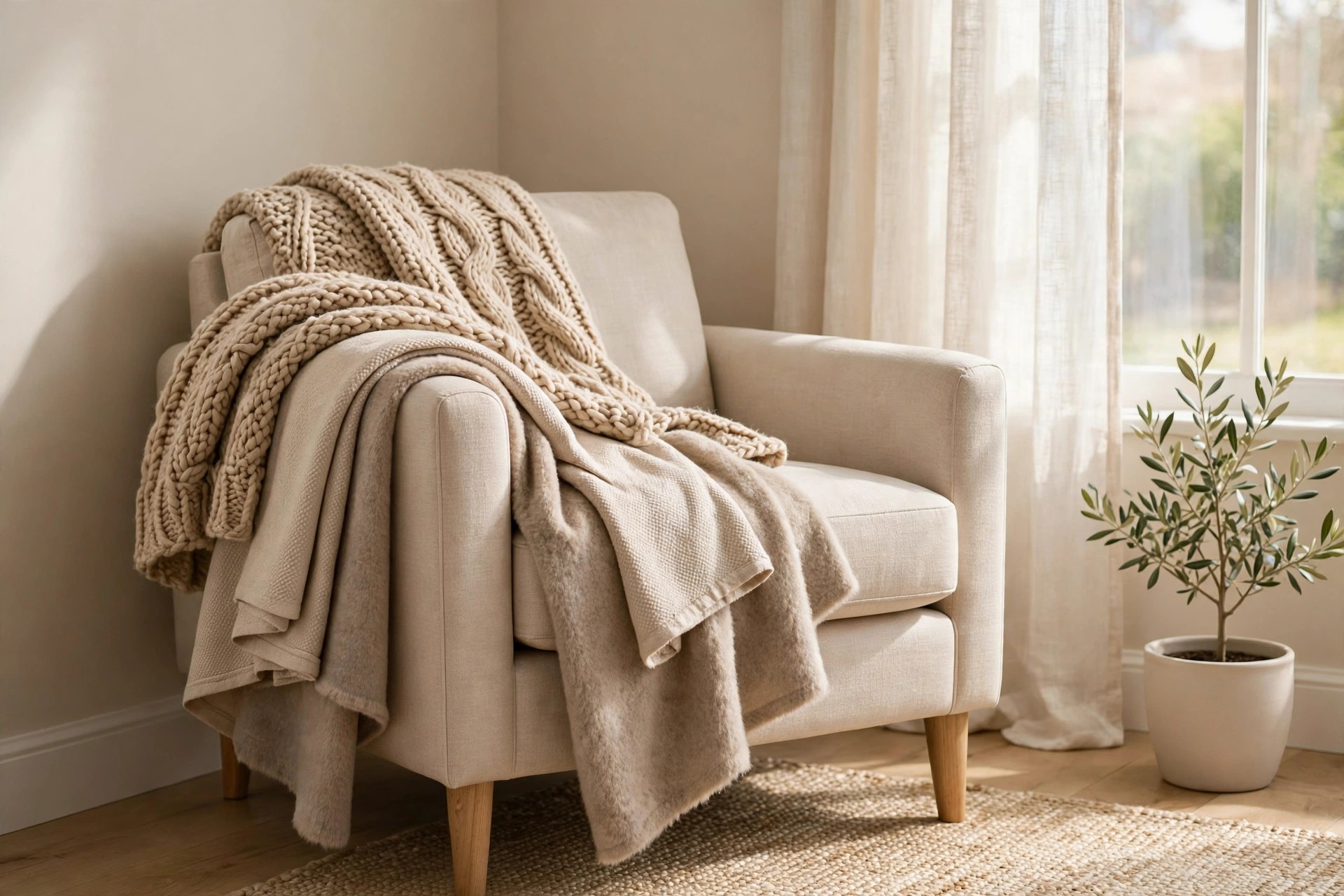Beige armchair draped with layered cable knit, cotton and brushed throws in beige tones by a window, with a small potted plant beside the chair