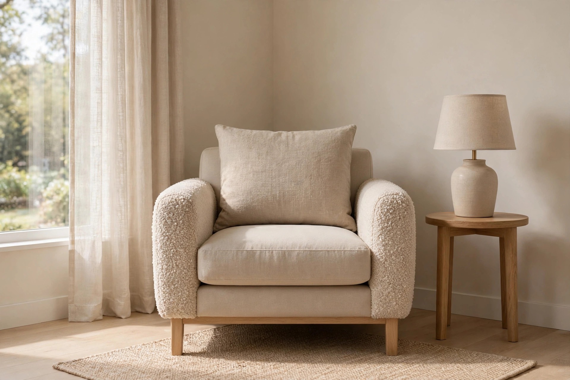 Beige armchair with boucle arms and a large linen back cushion in a corner, with a round wooden side table and a ceramic table lamp