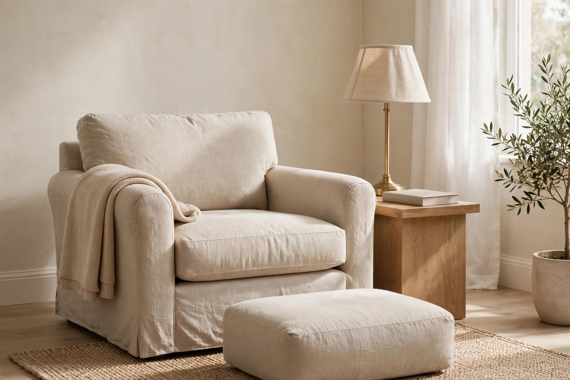 Beige armchair with a knit throw and a low padded beige footstool in front of it, with a wooden side table holding a book and a brass lamp
