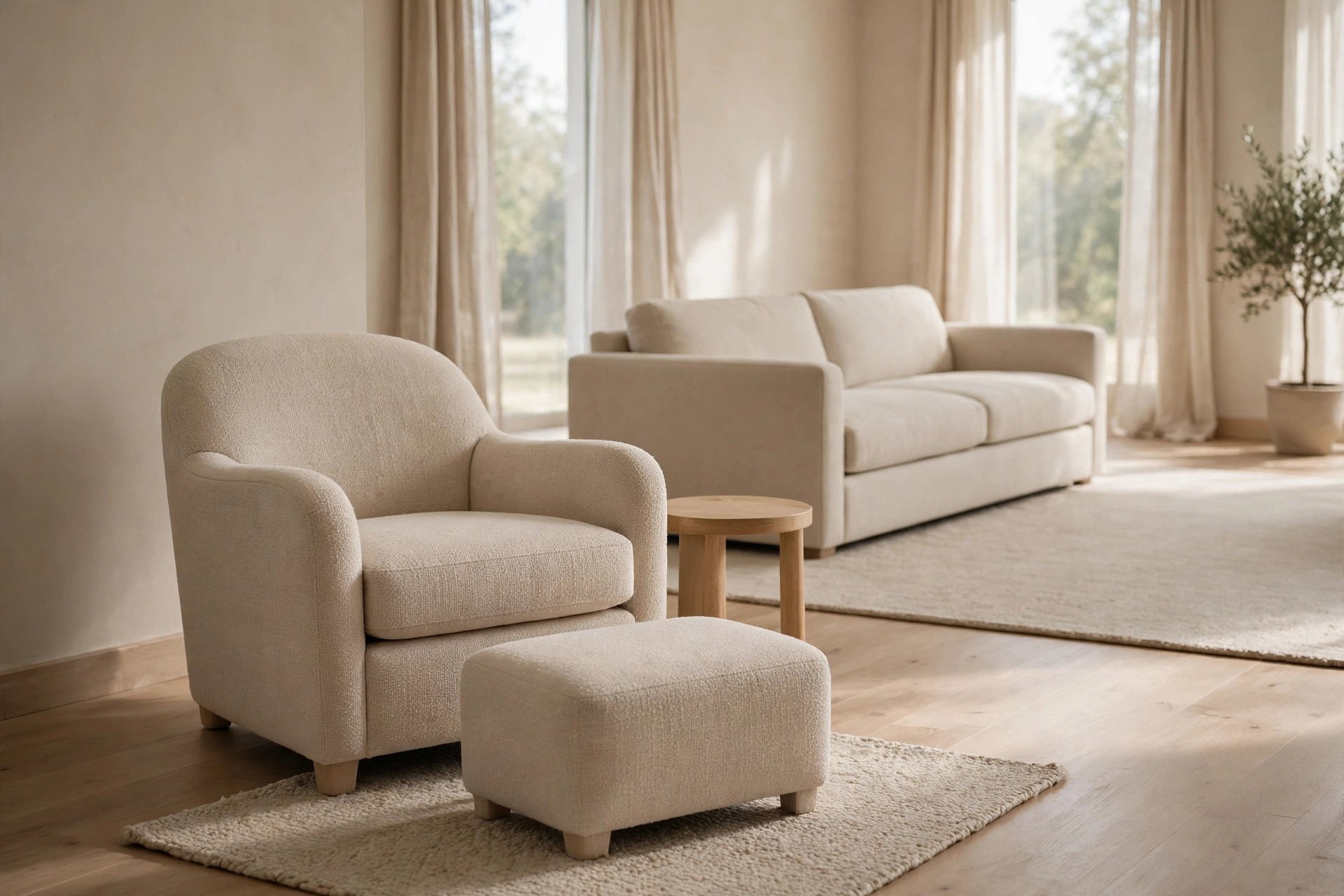 Beige armchair and footstool on a small beige rug in the foreground, with a beige sofa on a larger matching tone rug behind them