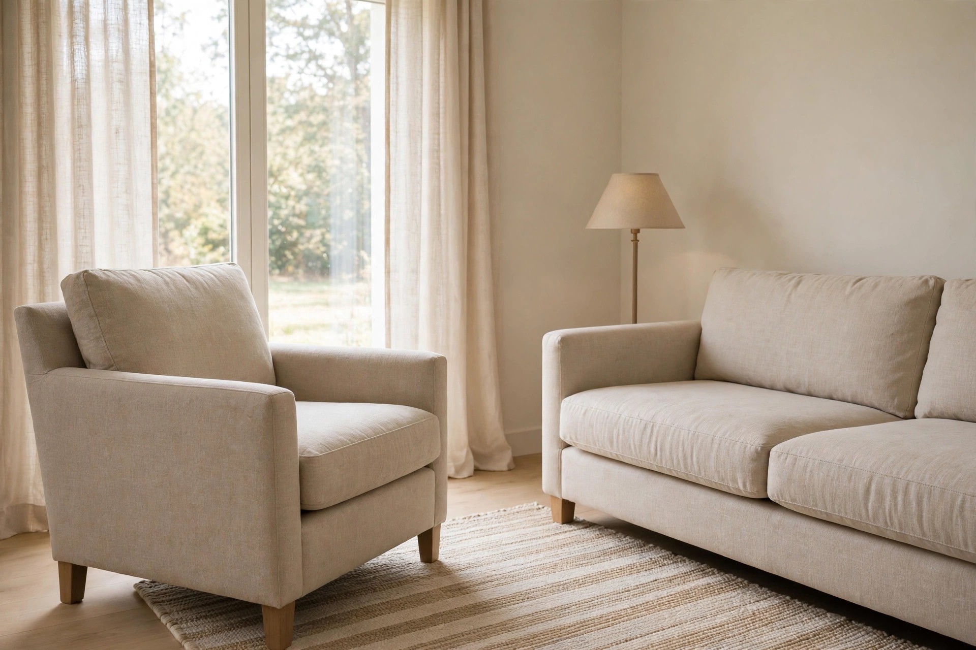Beige armchair open to a beige sofa across a striped beige rug, with a floor lamp in the corner behind and no divider between the chair and sofa