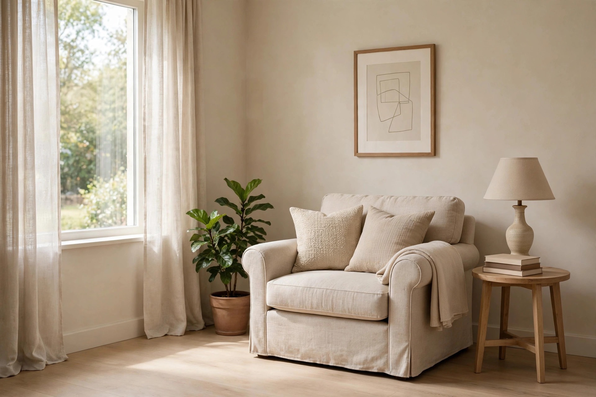 Beige armchair with two cushions and a throw, a green potted plant beside it and a framed abstract print above, with a round side table holding books and a lamp