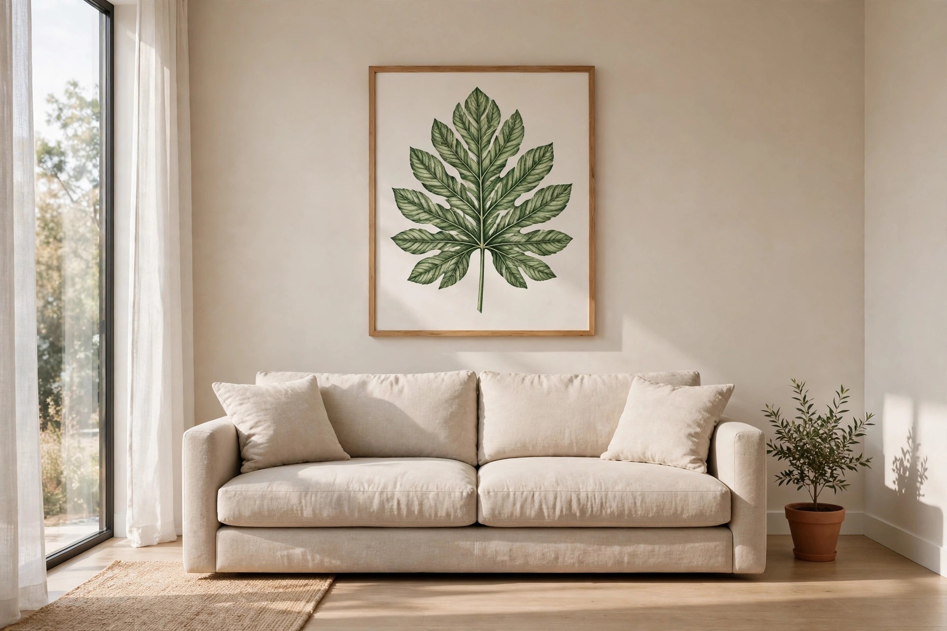 Beige sofa with plain cushions under one large framed green leaf print, with a small potted plant beside it