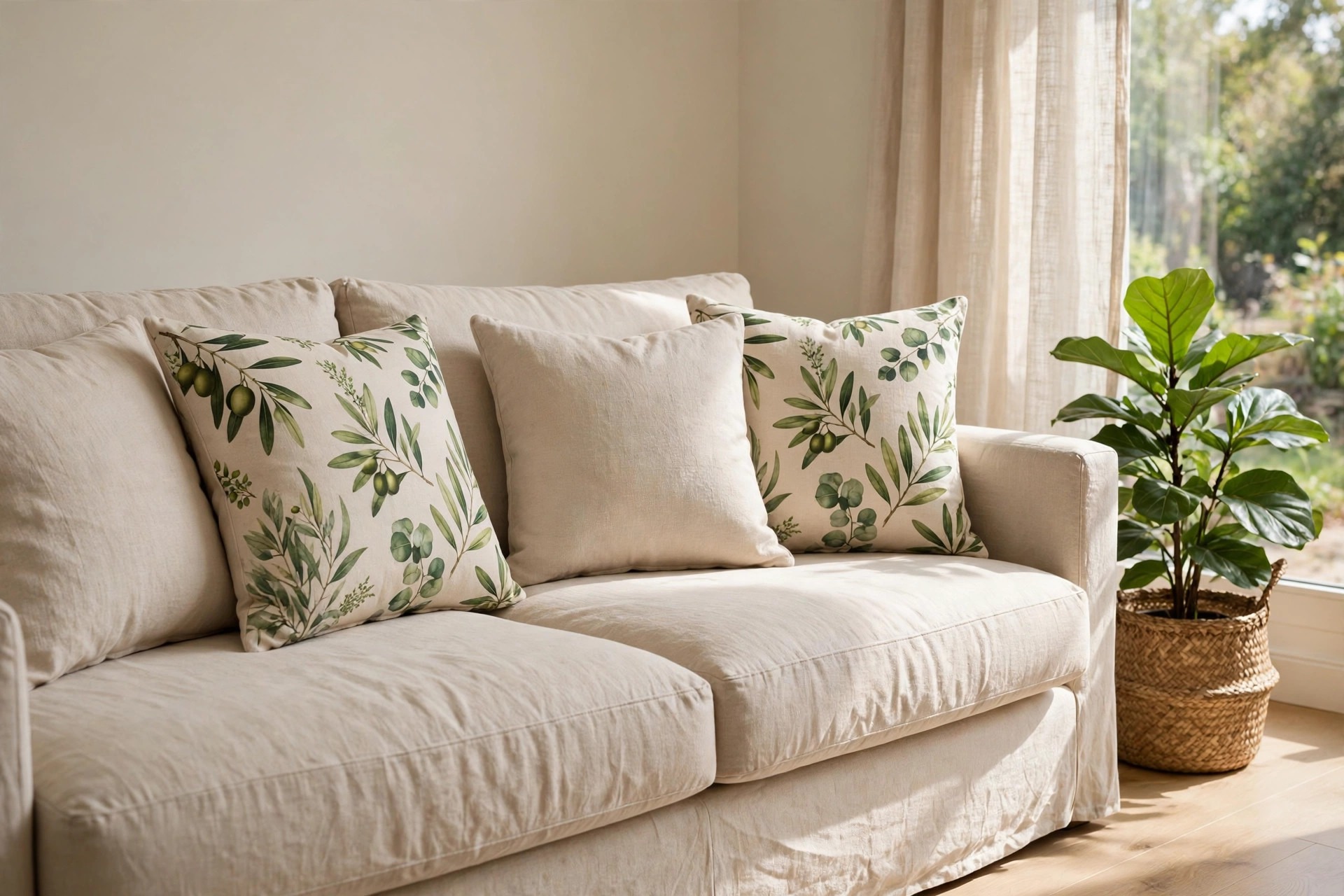 Beige sofa with green botanical print cushions mixed with a plain beige cushion, with a leafy plant in a woven basket beside a window